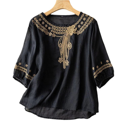 📿Ingyenes gyönyörű nyaklánc🌸 Gyönyörű hímzés és kivágások – Elegáns környakkivágás, laza lengő szabás – 👚Lélegző pamut-len keverék!