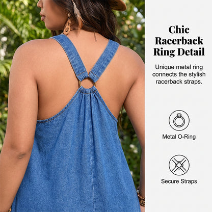 🎁Ingyenes ajándék -📿Gyönyörű nyaklánc☀️ Légáteresztő könnyű denim öltözet✨ Mély V-nyakú farmer maxi ruha – Racerback gyűrűs részlettel, francia elegancia!