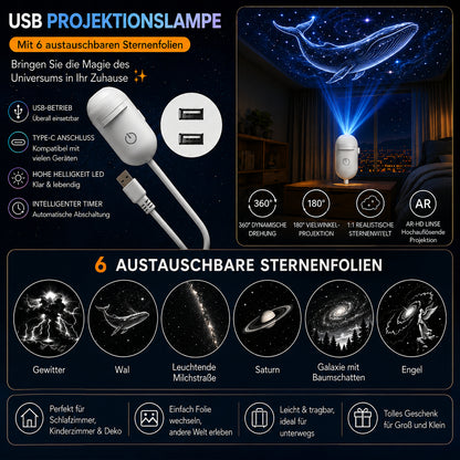 🔥12 csillagos égbolt🌌 2 az 1-ben csillagos égbolt-vetítő és éjszakai lámpa – Cserélhető fóliák, USB-s tápellátás – Romantikus hangulat vagy biztonságos éjszakai fény✨