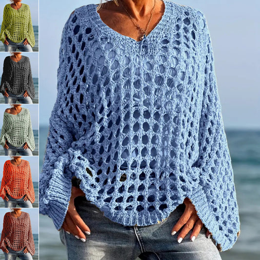 🎁Ingyenes ajándék -📿Gyönyörű nyaklánc✨ Egyszínű sokoldalú kötött ruha☀️ Trendi horgolt női felső – Laza szabás, légáteresztő tavasztól nyárig!