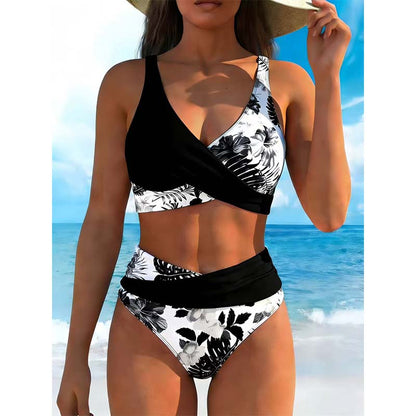 🎁Ingyenes ajándék -📿Gyönyörű nyaklánc👙 Körbeölelő felső V-kivágással + magas derekú alsó🌸 Élénk virágminták + kivehető párnázott betétek！