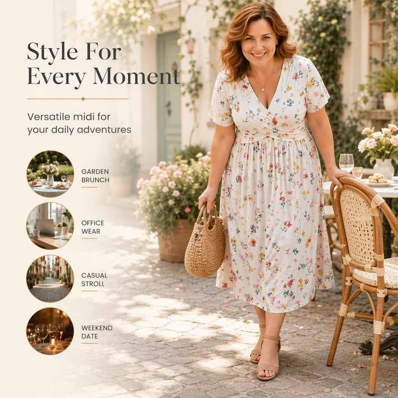 🎁Ingyenes gyönyörű nyaklánc👗🌸 Virágmintás midi ruha– V-nyak, crossover elöl, elegáns drapírozás – Oldalzsebekkel, puha és légáteresztő anyagból 🌿✨