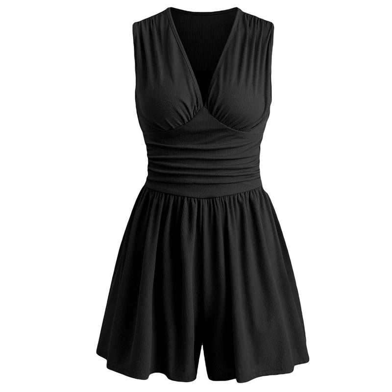 😍2026 tavaszi újdonságok😜45% árcsökkentés🌴Ujjatlan elegáns overall✨V-nyakú plisszírozott egyrészes rövidnadrág – Karcsúsító derék, légkönnyű nyári kényelem！