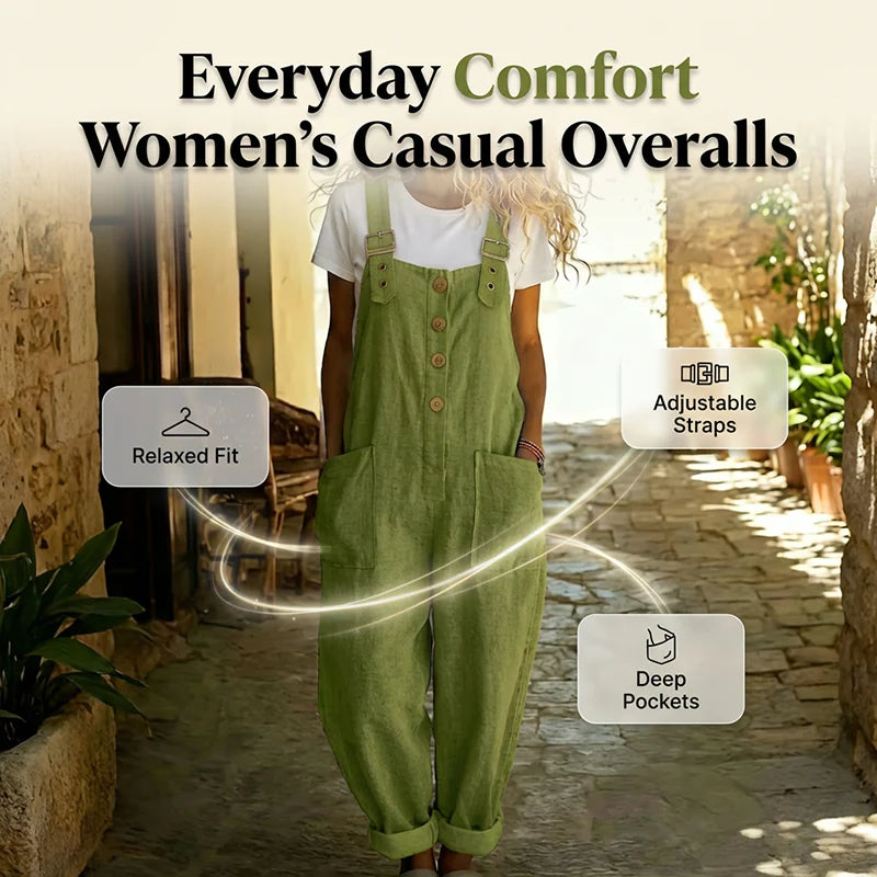 🎁Ingyenes gyönyörű nyaklánc🌿 Sokoldalú széles szárú nadrág overall✨ Laza női overall elöl gombos kialakítással – Légáteresztő prémium anyag, praktikus oldalzsebekkel!