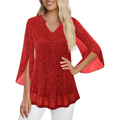📿Ingyenes rózsa nyaklánc🌙💫 Glitter hálós V-nyakú felső – Csengő ujjakkal, laza szabással, S–5XL-ig, 8 színben! 💃🌟