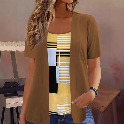 👚✨ Modern geometrikus mintás felső – Laza réteges hatás, selymes tapintás, XL–5XL-ig! 🌟💃
