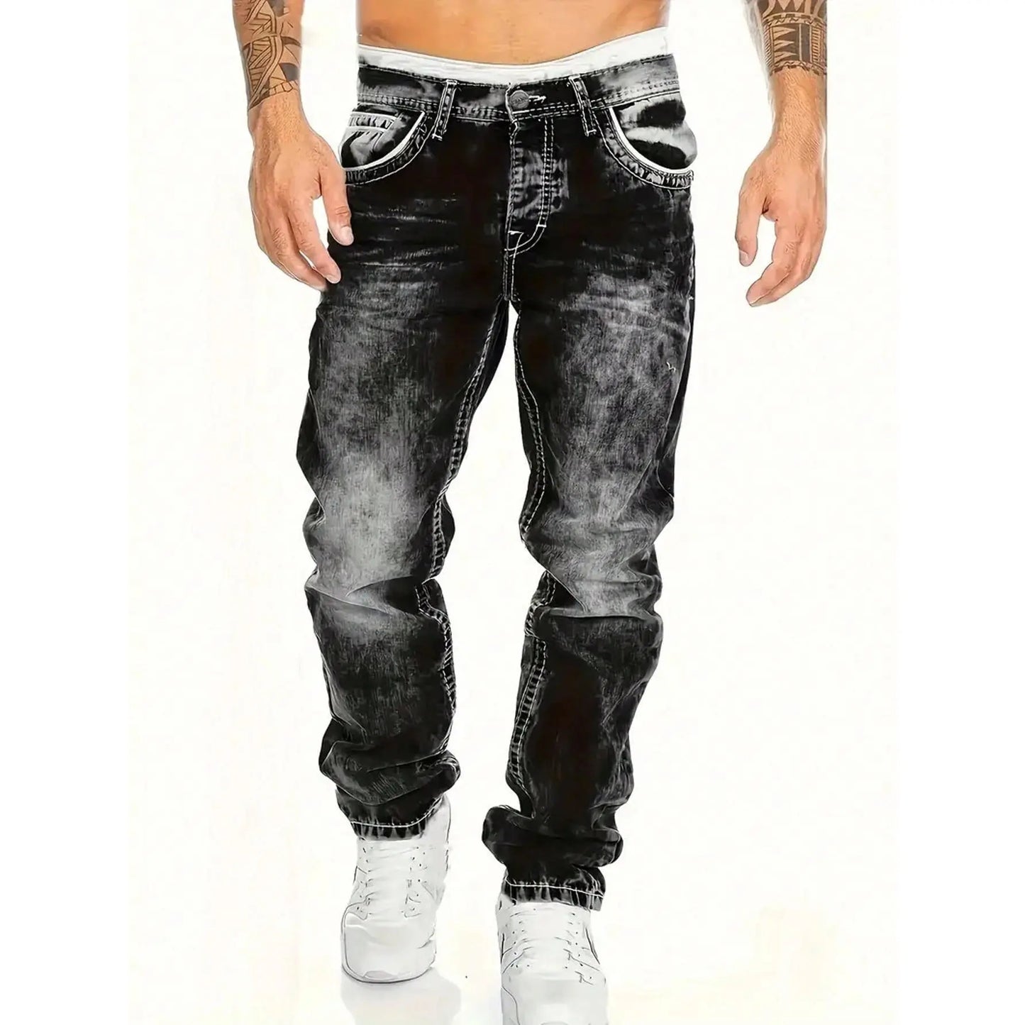 🎁Ingyenes ajándék👖 Tartós vintage farmernadrág✨ Laza denimből készült nadrág – Egyedi mosott hatás és kontrasztos díszvarrás！