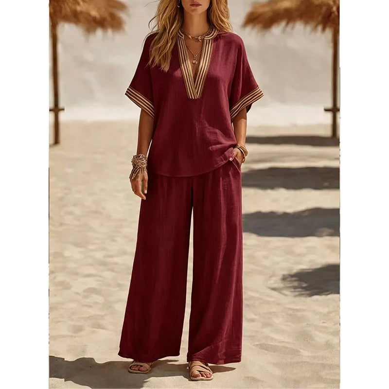 📿Ingyenes rózsa nyaklánc👗🌸 Elegáns V-nyakú kétrészes szett – Oldalzsebekkel, prémium lélegző anyagból, 5 színben! ✨💫