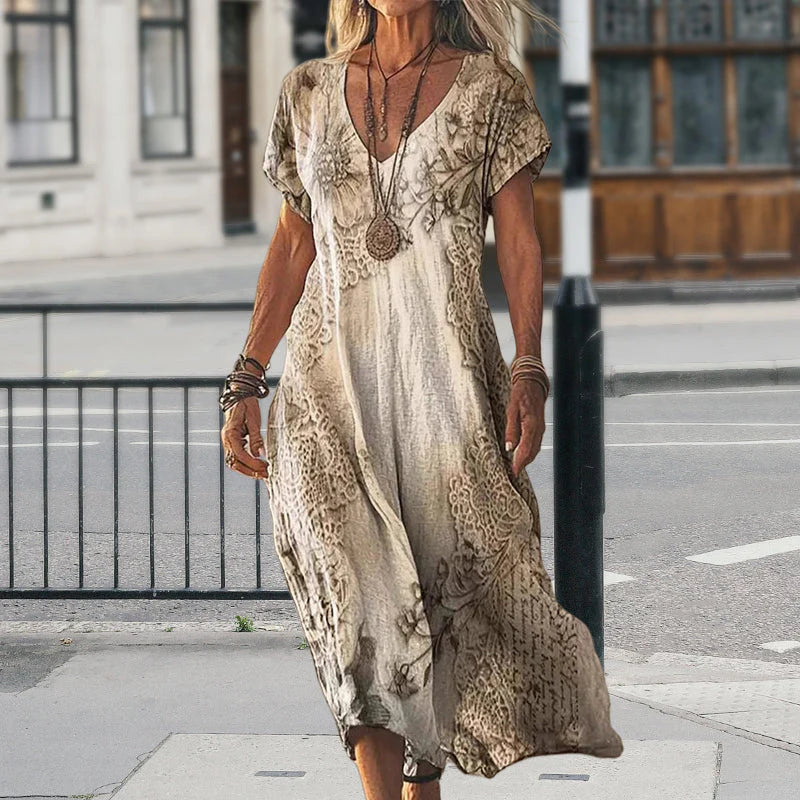 🎁Ingyenes gyönyörű nyaklánc🌸 Vintage virágmintás hosszú ruha – időtálló elegancija és nőies kényelem!