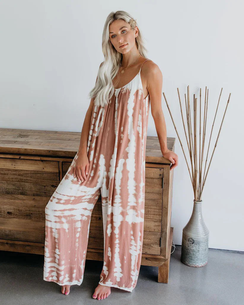 📿Ingyenes gyönyörű nyaklánc☀️ Ujjatlan, légies női együttes🌈 Batikolt & nyomatos spagetti pántos jumpsuit – Laza, széles szárú és nyári kényelem!