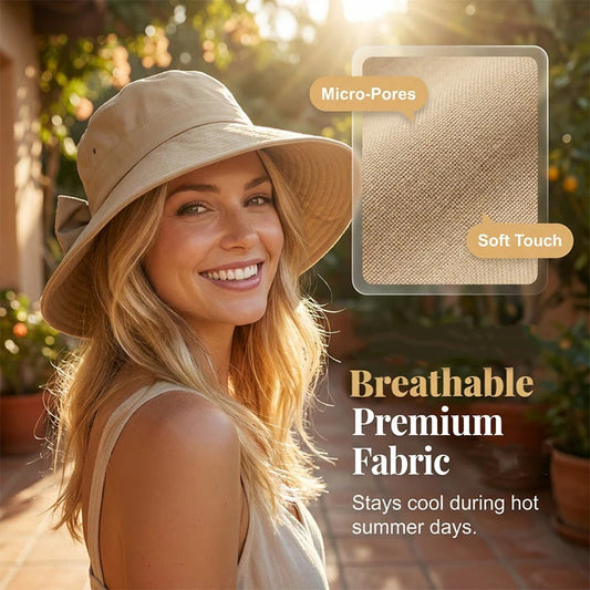 🏖️Napvédő nyaralócsomag🎁Ingyenes napszemüveg🕶️🌞 Védje arcát és nyakát a naptól – 👒Női széles karimájú, összehajtható napkalap masnival！