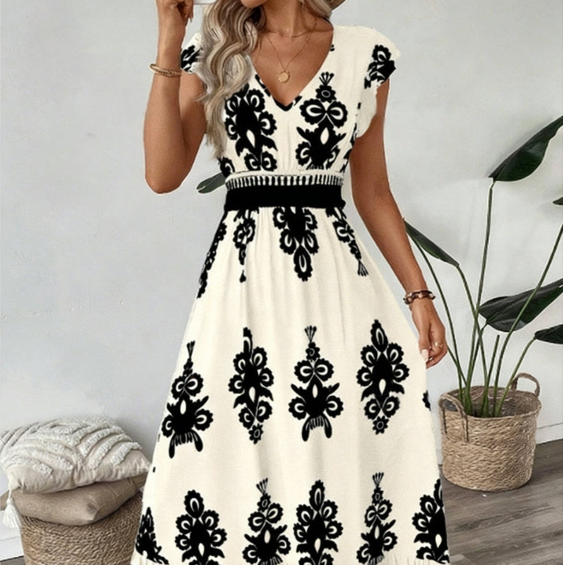 🎁Ingyenes ajándék -📿Gyönyörű nyaklánc🌿 Könnyű lélegző női hosszú ruha✨ V-nyakú barokk mintás maxi ruha – Magas derékkal, karcsúsító hatással minden alkalomra!