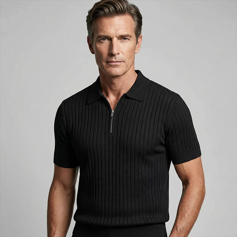 🎁Ingyenes ajándék-📿Gyönyörű karkötő✨ Bordás kötött prémium felső👕 Sportos sziluettű férfi póló – Állítható gallér + negyedzipper, sokoldalú mindennapokra!