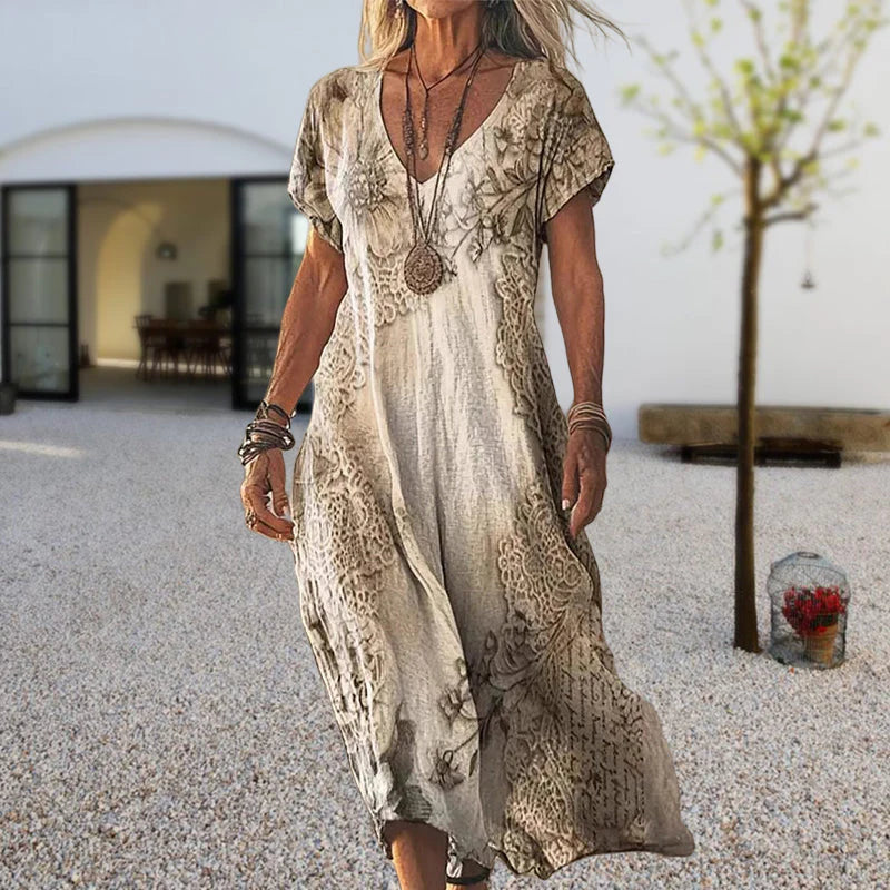 🎁Ingyenes gyönyörű nyaklánc🌸 Vintage virágmintás hosszú ruha – időtálló elegancija és nőies kényelem!