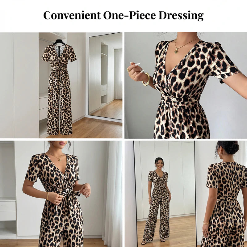 🎁⏰Az utolsó 50 darab Ingyenes ajándék🌿Légies kevert anyagú együttes✨V-nyakú elegáns jumpsuit – Kiemelt derék + széles láb, nőies homokóra alak!