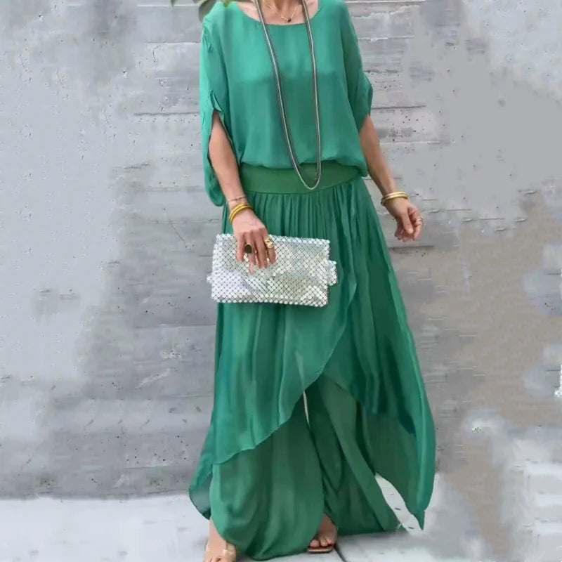 😜40% árcsökkentés🌿 Könnyű légáteresztő szett✨ Sifon 2 részes szett – Laza felső + hasított széles szár – Kényelem és stílus egyben!