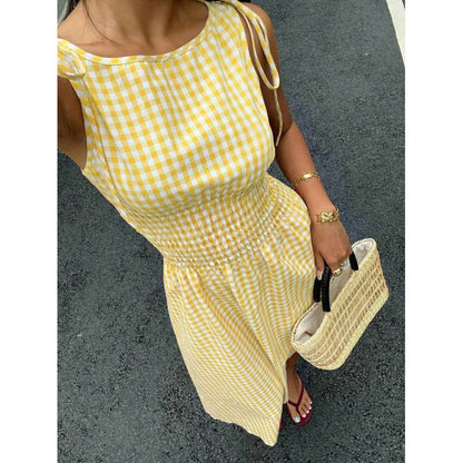 ⏰💥45% árcsökkentés👗 Könnyed vintage gingham nyári ruha🎀 Smockolt felsőrész + állítható kötőpántok 🌬️Prémium légáteresztő anyag！