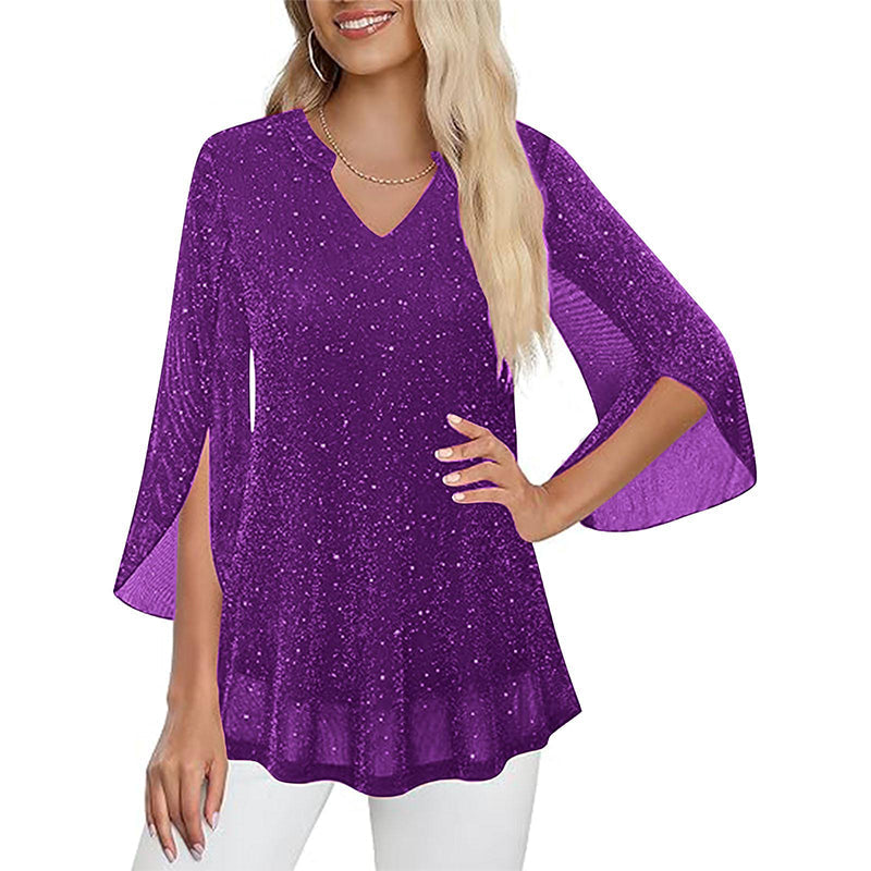 📿Ingyenes rózsa nyaklánc🌙💫 Glitter hálós V-nyakú felső – Csengő ujjakkal, laza szabással, S–5XL-ig, 8 színben! 💃🌟