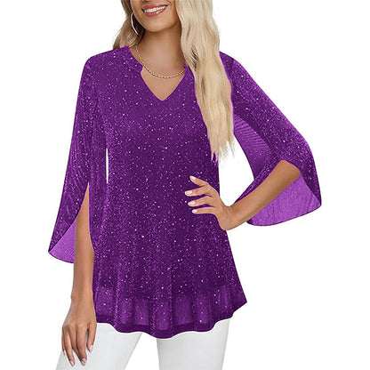 📿Ingyenes rózsa nyaklánc🌙💫 Glitter hálós V-nyakú felső – Csengő ujjakkal, laza szabással, S–5XL-ig, 8 színben! 💃🌟