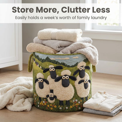 🧺 100%-ban kézzel készített, steppelt kosár – 3D-s birkás kert témájú design – Extra nagy kapacitás, összecsukható – Rusztikus, cottagecore stílusba tökéletes🐑