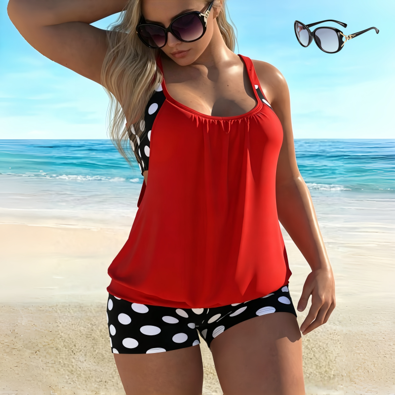 🏖️[S–3XL]👙🌸 Pöttyös color-block kétrészes fürdőruha👌Kényelmes és magabiztos: pöttyös tankini szett minden alakhoz！