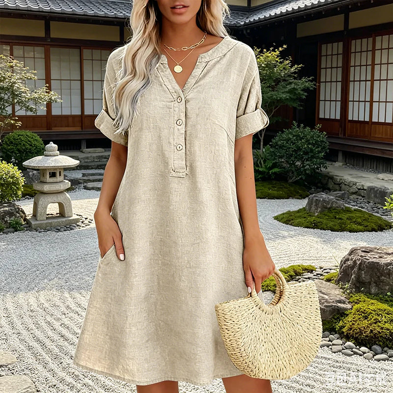 🎁📿Ingyenes gyönyörű nyaklánc🏖️AKCIÓ: 50% KEDVEZMÉNY! 👗 Női V-nyakú tunika ruha – laza szabás, zsebekkel és lélegző anyagból！