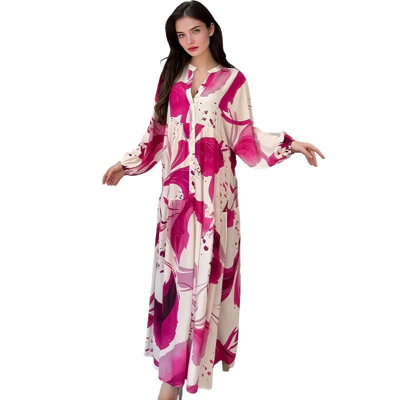 🎁Ingyenes ajándék🌸 Virágmintás maxi ruha✨ V-nyakú rétegelt ruha – Strandról estélyi eseményeken is tökéletes!
