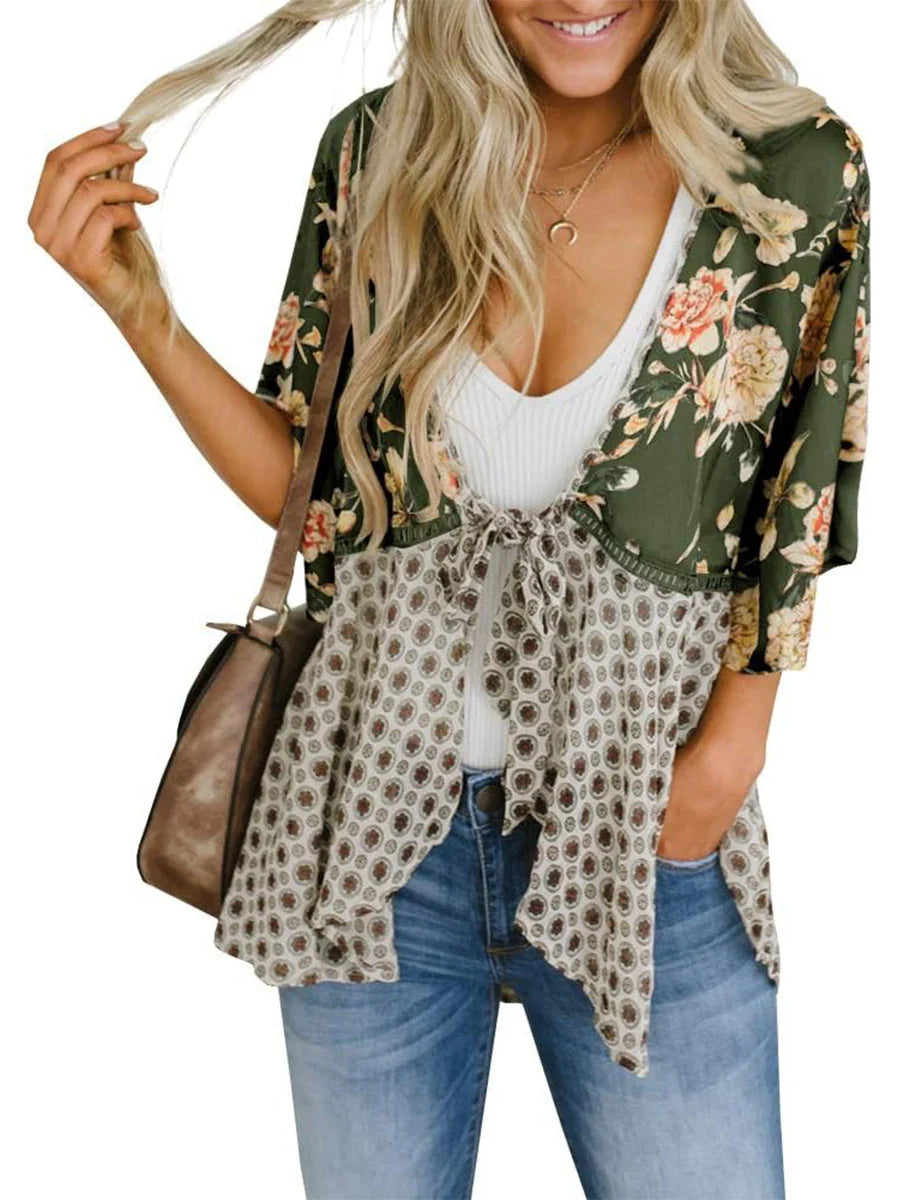😜50% árcsökkentés 🎁Ingyenes ajándék-📿Gyönyörű nyaklánc🌸 Boho virágmintás sifon kardigán – Könnyű, fodros és sokoldalú nyári stílus!