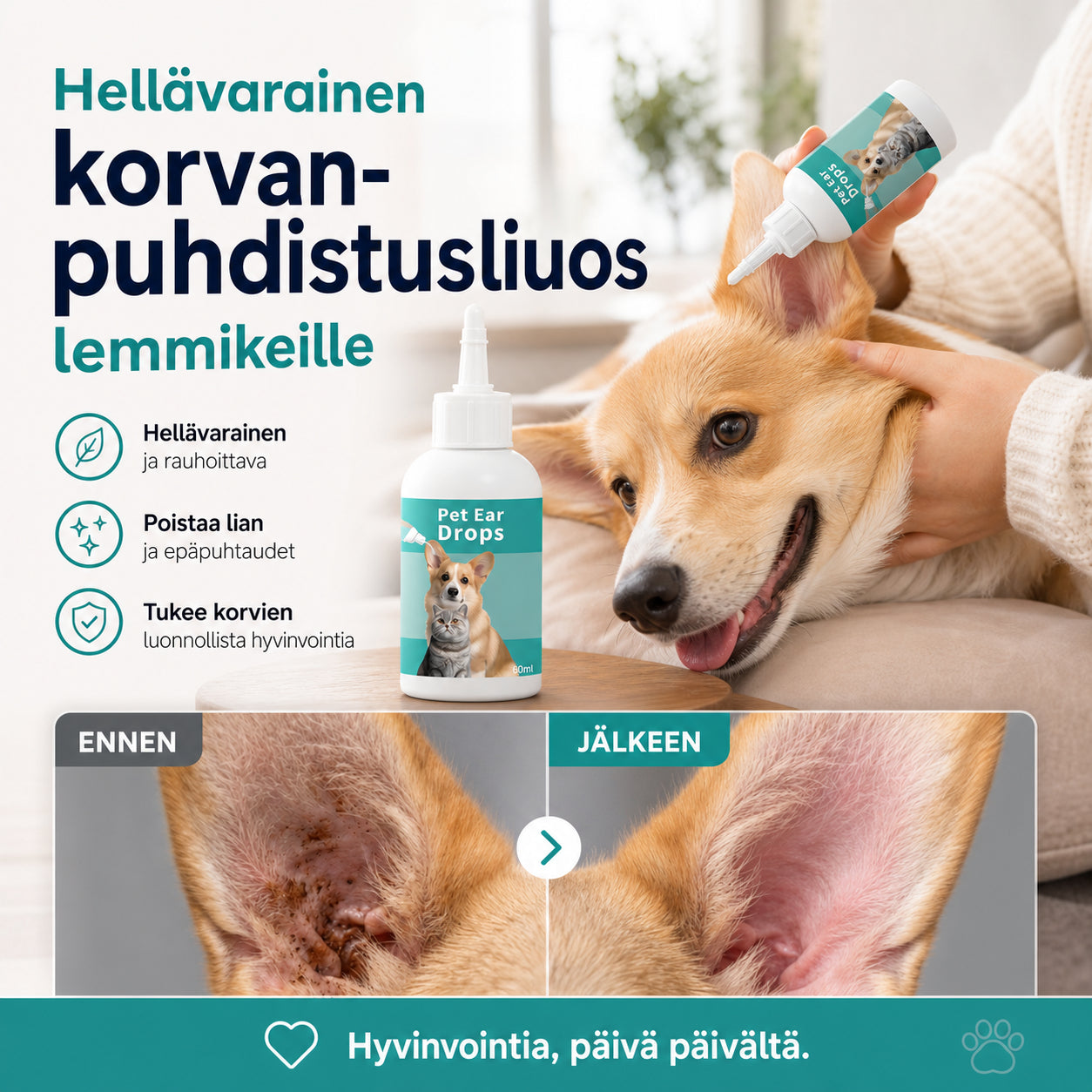 🎁1+1 INGYEN (2 db)🐕👂 Kíméletes fültisztító cseppek – Rugalmas szilikoncsúccsal, 4 lépéses használattal, macskáknak és kutyáknak! 🐱✨