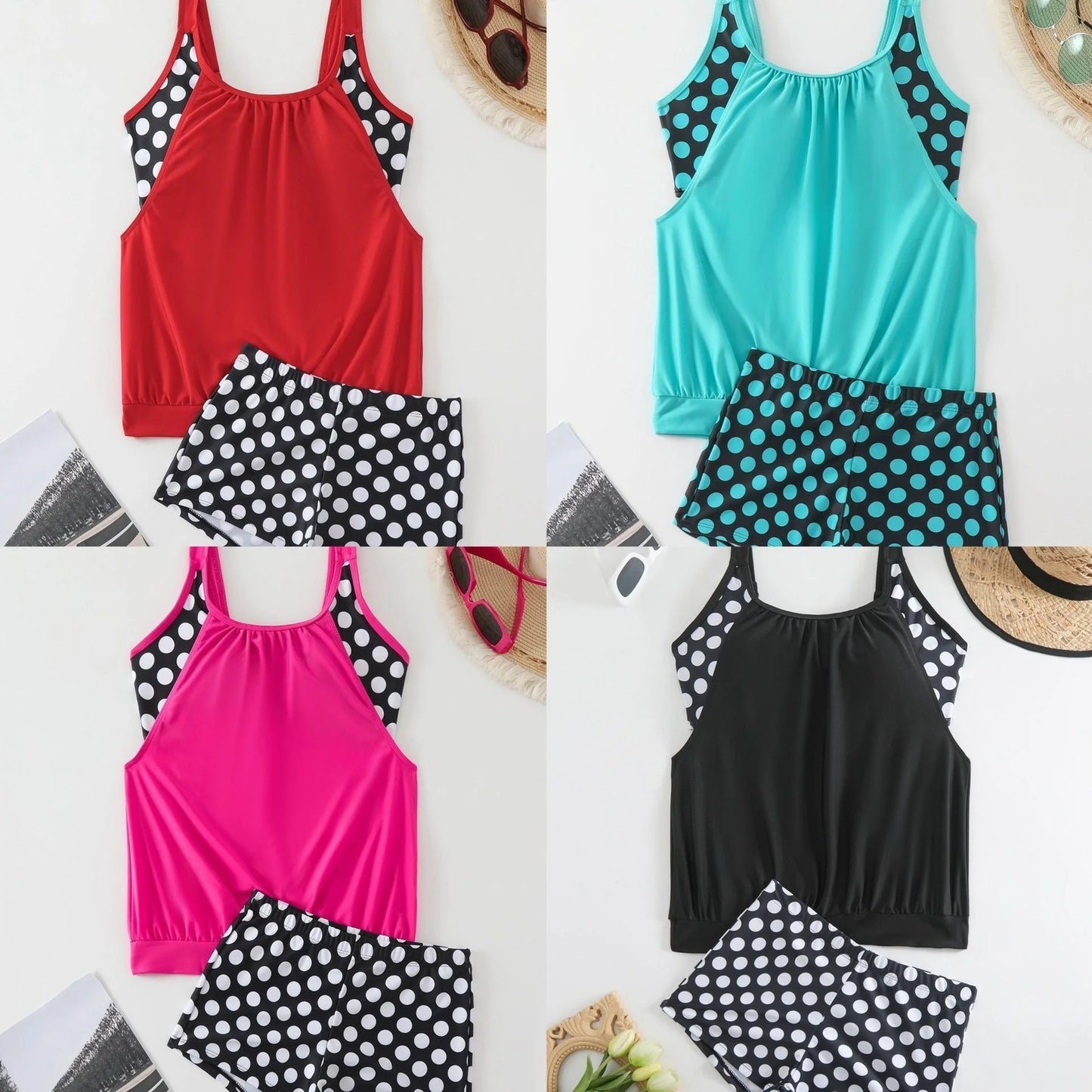 🥇👍Kiváló minőség, sok pozitív értékelés👙🌸 Pöttyös color-block kétrészes fürdőruha – Vidám stílus, finom ráncok, M–3XL-ig! 🌊✨