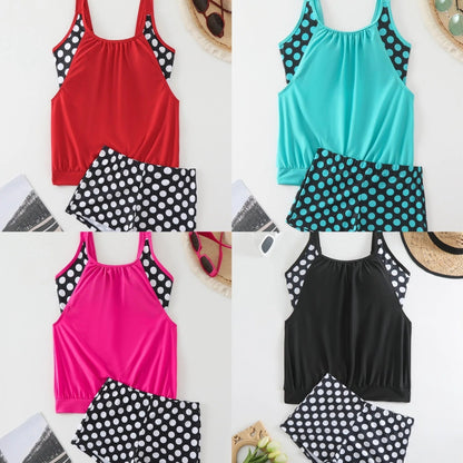 🥇👍Kiváló minőség, sok pozitív értékelés👙🌸 Pöttyös color-block kétrészes fürdőruha – Vidám stílus, finom ráncok, M–3XL-ig! 🌊✨