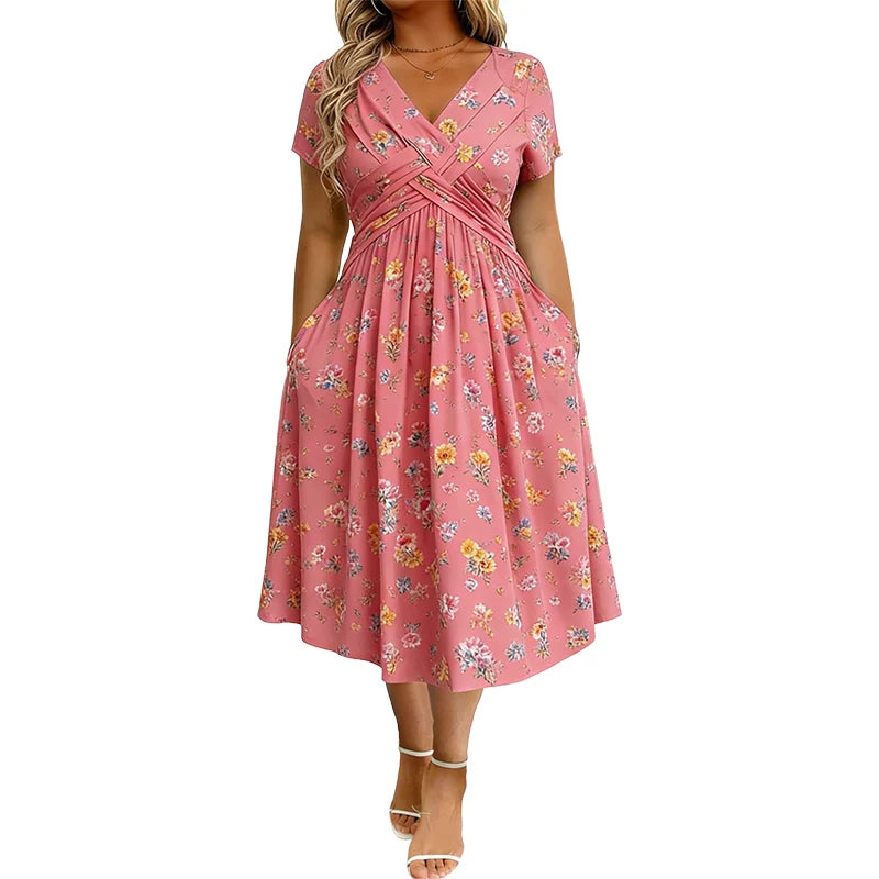 🎁Ingyenes gyönyörű nyaklánc👗🌸 Virágmintás midi ruha– V-nyak, crossover elöl, elegáns drapírozás – Oldalzsebekkel, puha és légáteresztő anyagból 🌿✨