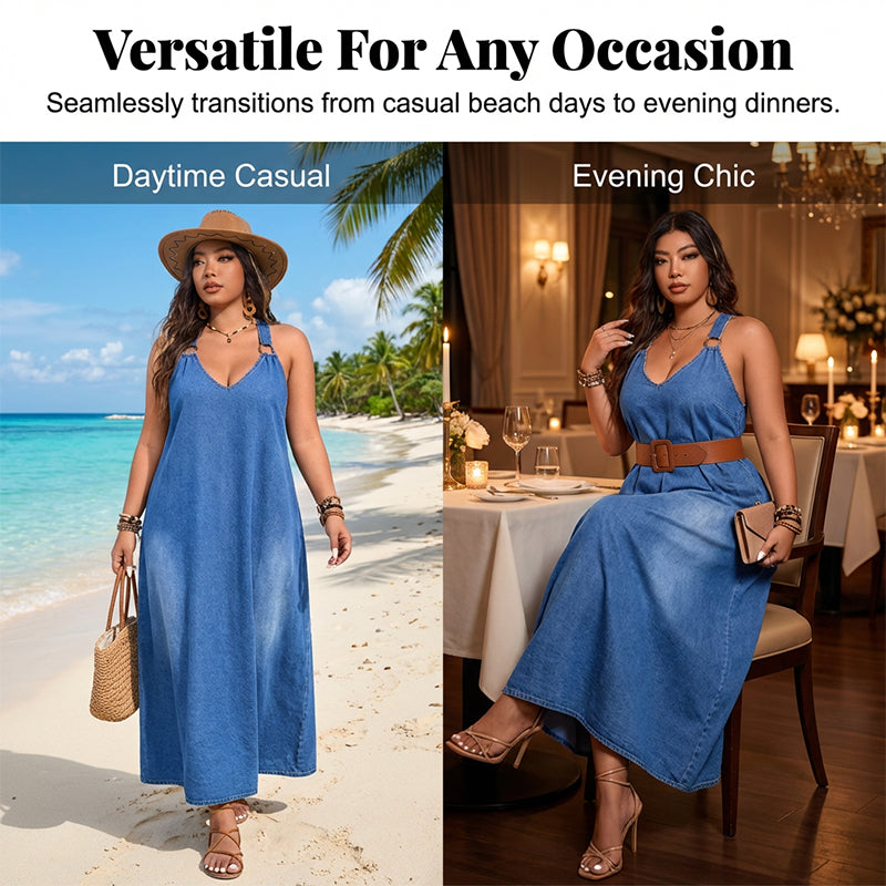 🎁Ingyenes ajándék -📿Gyönyörű nyaklánc☀️ Légáteresztő könnyű denim öltözet✨ Mély V-nyakú farmer maxi ruha – Racerback gyűrűs részlettel, francia elegancia!