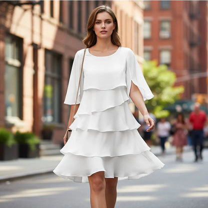 😜40% árcsökkentés👗🌸 Elegáns réteges környakú ruha – Lebegő sziluett, sokoldalú egyszínű, S–3XL-ig! ✨💃