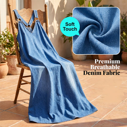 🎁Ingyenes ajándék -📿Gyönyörű nyaklánc☀️ Légáteresztő könnyű denim öltözet✨ Mély V-nyakú farmer maxi ruha – Racerback gyűrűs részlettel, francia elegancia!