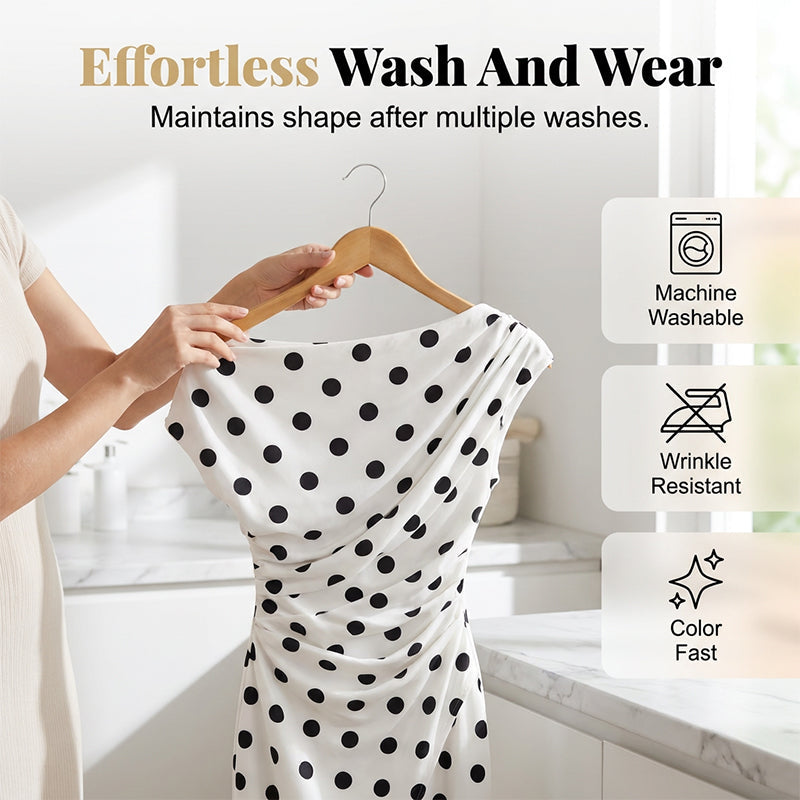 👗🌸 Aszimmetrikus nyakkivágású polka-dot midi ruha – Elegáns hasítékkal, alakkövető szabással, S–2XL-ig! ✨💫