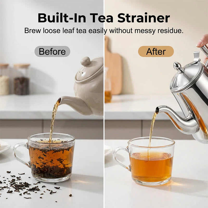 ✨ Prémium kávé és teakancsó☕ Rozsdamentes acél teáskanna hajlított kifolyóval – Precíz öntés, beépített tea szűrővel!