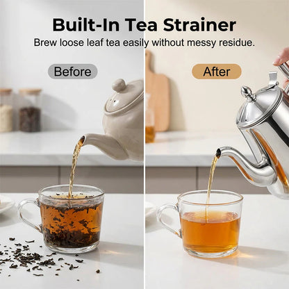 ✨ Prémium kávé és teakancsó☕ Rozsdamentes acél teáskanna hajlított kifolyóval – Precíz öntés, beépített tea szűrővel!