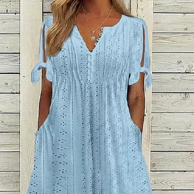 🎁Ingyenes gyönyörű nyaklánc👗 V-nyakú mintás női ruha 💨 Légáteresztő nyári ruha!