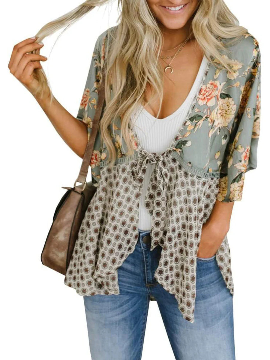 😜50% árcsökkentés 🎁Ingyenes ajándék-📿Gyönyörű nyaklánc🌸 Boho virágmintás sifon kardigán – Könnyű, fodros és sokoldalú nyári stílus!