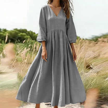 🌸👗 Lenvászon keverék V-nyakú ruha – Laza folyós szabás, puffos ujjakkal, S–2XL-ig! ✨💃