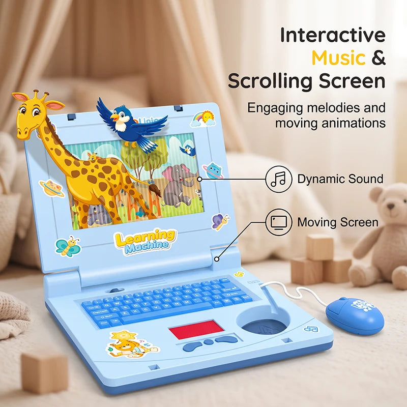 💻✨ Interaktív játék-laptop gyerekeknek – Görgető képernyő, vidám zene, finommotorika fejlesztése, 3 éves kortól! 🎵👶