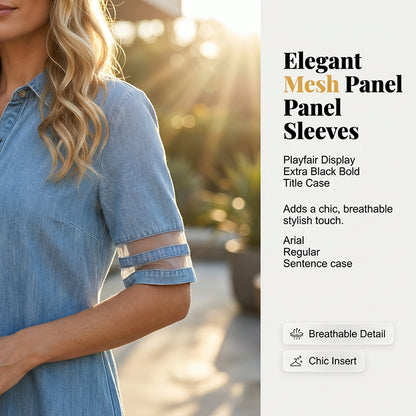 🎁Ingyenes ajándék -📿Gyönyörű nyaklánc✨ Divatos farmer ruha praktikus zsebekkel👖 Légáteresztő denim A-vonalú ruha – Hálós félhosszú ujjakkal, nőies karcsúsító szabás!