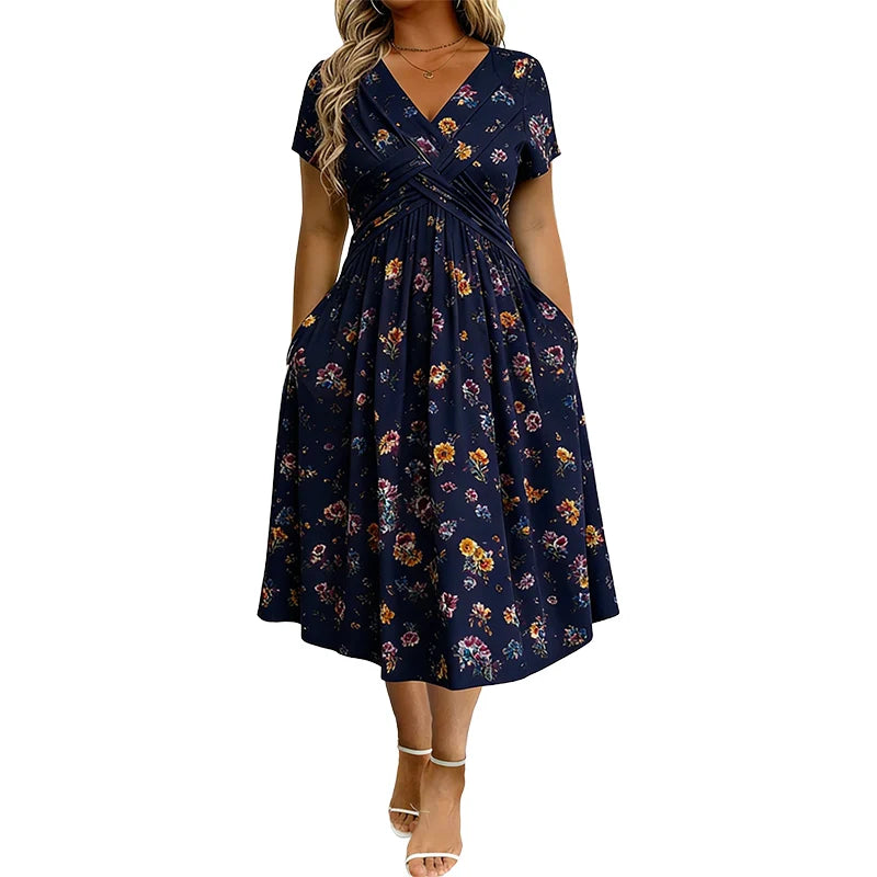 🎁Ingyenes gyönyörű nyaklánc👗🌸 Virágmintás midi ruha– V-nyak, crossover elöl, elegáns drapírozás – Oldalzsebekkel, puha és légáteresztő anyagból 🌿✨