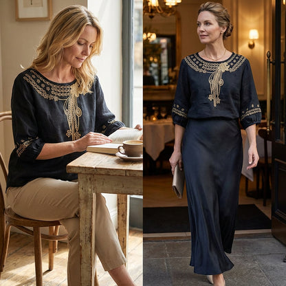 📿Ingyenes gyönyörű nyaklánc🌸 Gyönyörű hímzés és kivágások – Elegáns környakkivágás, laza lengő szabás – 👚Lélegző pamut-len keverék!