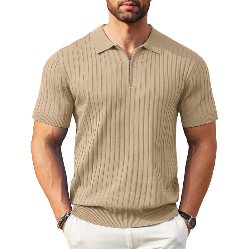 🎁Ingyenes ajándék-📿Gyönyörű karkötő✨ Bordás kötött prémium felső👕 Sportos sziluettű férfi póló – Állítható gallér + negyedzipper, sokoldalú mindennapokra!
