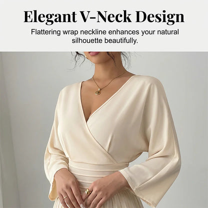 📿Gyönyörű nyaklánc✨ V-kivágású plisszós jumpsuit🍑 Barack színű női együttes – Kecses sziluett és lágy, mozgékony szabás!