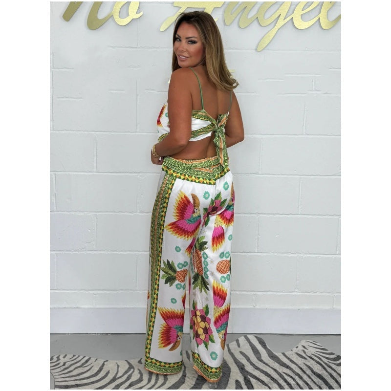 🎁Ingyenes ajándék -📿Gyönyörű nyaklánc💃 Spagetti pántos nyomtatott kétrészes szett🌿 Pamut-spandex női öltöny szett – Ujjatlan felső és hosszú nadrág, kényelmes mindennapi viselet!