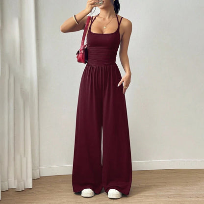 💥50% árcsökkentés 🎁Ingyenes ajándék-📿Gyönyörű nyaklánc🌿 Légáteresztő női együttes✨ Spagetti pántos jumpsuit – Magas derékú, széles szárú és stílusos!