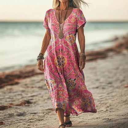 🎁Ingyenes gyönyörű nyaklánc🌸 Vintage virágmintás hosszú ruha – időtálló elegancija és nőies kényelem!